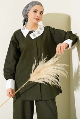 Asimetrik Taş Yakalı Gizli Düğmeli İkili Takım Haki - İkili Takım