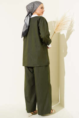 Asimetrik Taş Yakalı Gizli Düğmeli İkili Takım Haki - İkili Takım