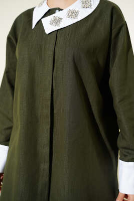 Asimetrik Taş Yakalı Gizli Düğmeli İkili Takım Haki - İkili Takım