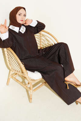 Asimetrik Taş Yakalı Gizli Düğmeli İkili Takım Kahve - HATUN