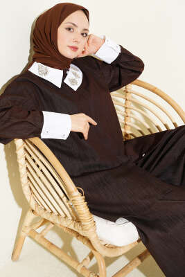 Asimetrik Taş Yakalı Gizli Düğmeli İkili Takım Kahve - İkili Takım