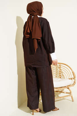 Asimetrik Taş Yakalı Gizli Düğmeli İkili Takım Kahve - İkili Takım