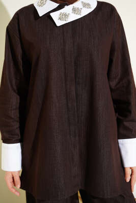 Asimetrik Taş Yakalı Gizli Düğmeli İkili Takım Kahve - İkili Takım