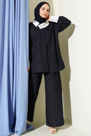 Asimetrik Taş Yakalı Gizli Düğmeli İkili Takım Lacivert - İkili Takım