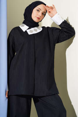 Asimetrik Taş Yakalı Gizli Düğmeli İkili Takım Lacivert - İkili Takım