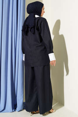 Asimetrik Taş Yakalı Gizli Düğmeli İkili Takım Lacivert - İkili Takım