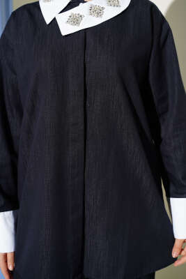 Asimetrik Taş Yakalı Gizli Düğmeli İkili Takım Lacivert - İkili Takım