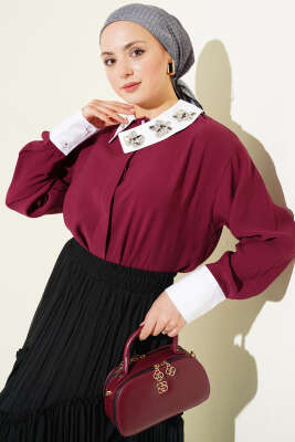 Asimetrik Taş Yakalı Tensel Gömlek Bordo - HATUN