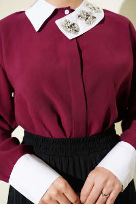 Asimetrik Taş Yakalı Tensel Gömlek Bordo - Gömlek