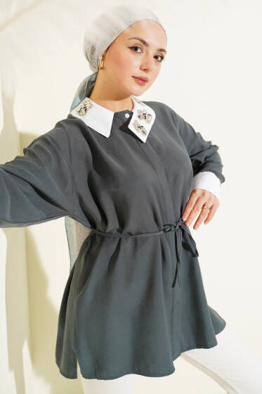 Asimetrik Taş Yakalı Tensel Gömlek Duman Gri - Gömlek