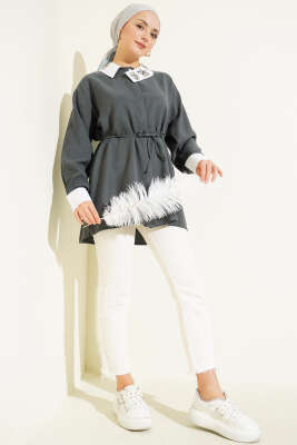 Asimetrik Taş Yakalı Tensel Gömlek Duman Gri - Gömlek