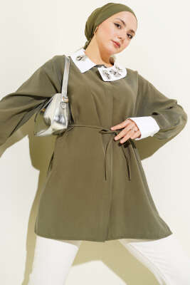 Asimetrik Taş Yakalı Tensel Gömlek Haki - HATUN