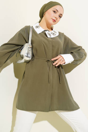 Asimetrik Taş Yakalı Tensel Gömlek Haki - Gömlek