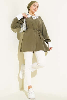 Asimetrik Taş Yakalı Tensel Gömlek Haki - Gömlek