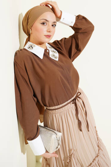 Asimetrik Taş Yakalı Tensel Gömlek Kahve - Gömlek