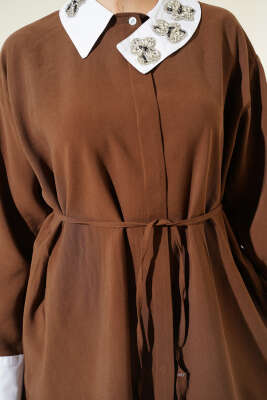 Asimetrik Taş Yakalı Tensel Gömlek Kahve - Gömlek