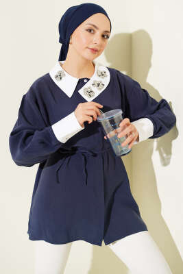 Asimetrik Taş Yakalı Tensel Gömlek Lacivert - HATUN