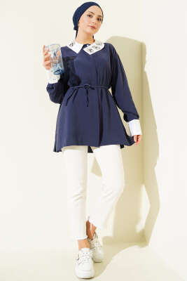 Asimetrik Taş Yakalı Tensel Gömlek Lacivert - Gömlek