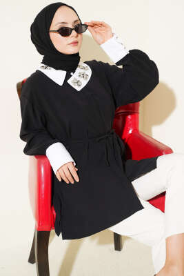 Asimetrik Taş Yakalı Tensel Gömlek Siyah - HATUN