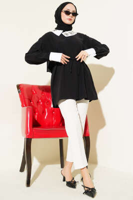 Asimetrik Taş Yakalı Tensel Gömlek Siyah - Gömlek