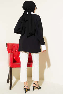 Asimetrik Taş Yakalı Tensel Gömlek Siyah - Gömlek