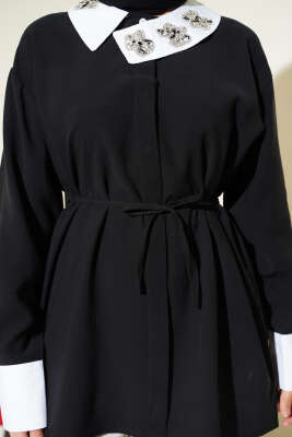 Asimetrik Taş Yakalı Tensel Gömlek Siyah - Gömlek