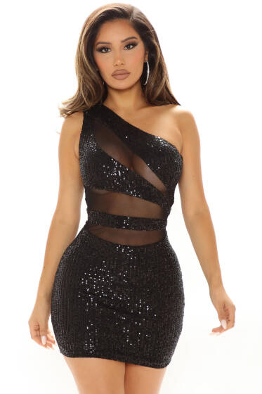 Asimetrik Transparanlı Pullu Fantezi Gecelik Siyah - Fantezi İç Giyim