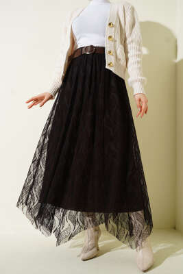 Asimetrik Tüllü Kemerli Etek Acı Kahve 