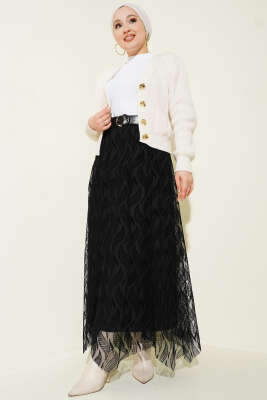 Asimetrik Tüllü Kemerli Etek Siyah - Etek