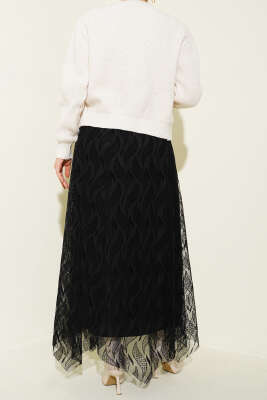 Asimetrik Tüllü Kemerli Etek Siyah - Etek