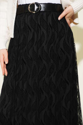 Asimetrik Tüllü Kemerli Etek Siyah - Etek