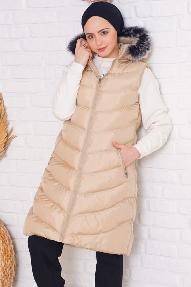 Kapüşonlu Cepli Bej Şişme Yelek - Kap