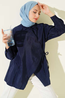 Asitmetrik Bağlamalı Gömlek Lacivert - VAV TEKSTİL