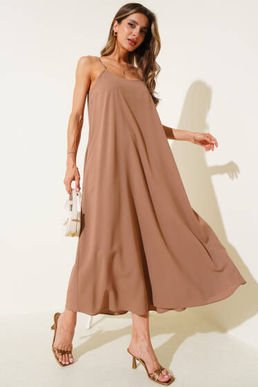 Askılı Basic Şifon Midi Elbise Kahve - Kadın Giyim Modelleri