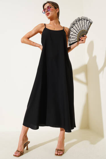 Askılı Basic Şifon Midi Elbise Siyah - Kadın Giyim Modelleri