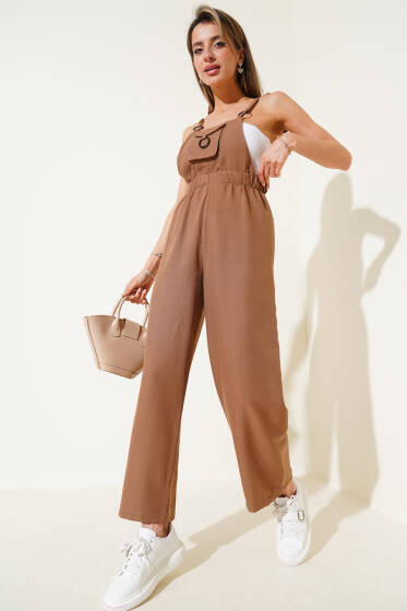 Askılı Bel Lastikli Cepli Tulum Latte - Kadın Giyim Modelleri