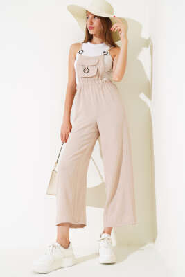 Askılı Cepli Tulum Vizon - Kadın Giyim Modelleri