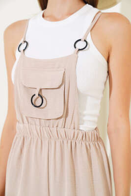 Askılı Cepli Tulum Vizon - Kadın Giyim Modelleri