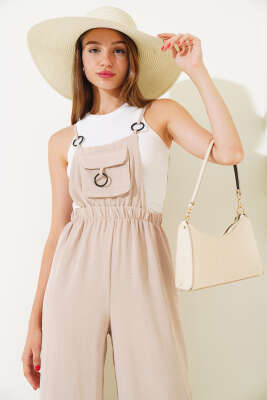 Askılı Cepli Tulum Vizon - Kadın Giyim Modelleri