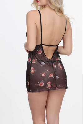 Askılı Çiçek Dantelli Gecelik Siyah - Fantezi İç Giyim