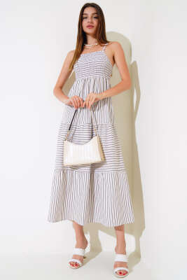 Askılı Çizgili Gipeli Elbise Latte - TOP SHOW