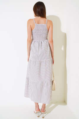 Askılı Çizgili Gipeli Elbise Latte - Kadın Giyim Modelleri