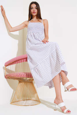 Askılı Çizgili Gipeli Elbise Pembe - TOP SHOW