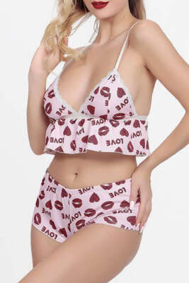 Askılı Dantel Detaylı Baskılı Gecelik Pembe - Fantezi İç Giyim