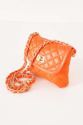 Askılı Deri Kapitone El Çantası Oranj - Kol Çantası