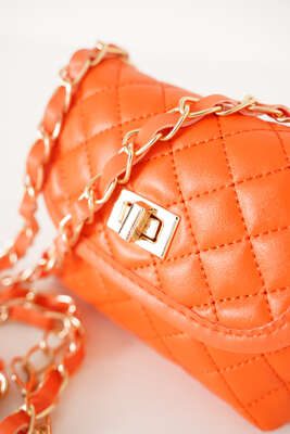 Askılı Deri Kapitone El Çantası Oranj - Kol Çantası