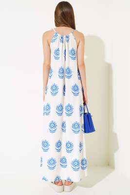 Askılı Desenli Elbise Saks - Kadın Giyim Modelleri