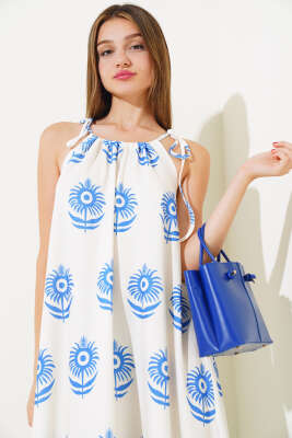 Askılı Desenli Elbise Saks - Kadın Giyim Modelleri