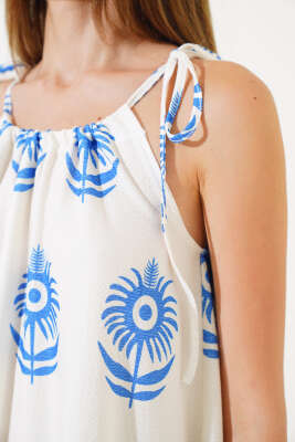 Askılı Desenli Elbise Saks - Kadın Giyim Modelleri