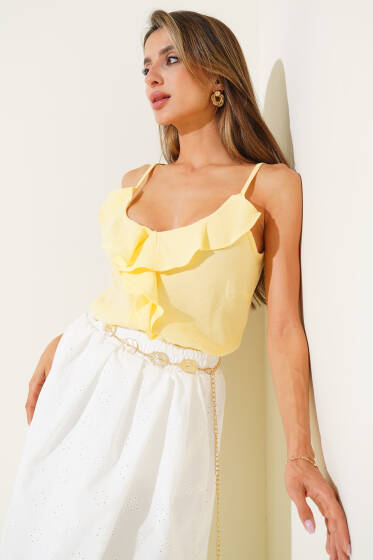 Askılı Fırfırlı Keten Bluz Sarı - Kadın Giyim Modelleri
